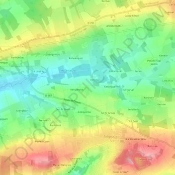 Mapa topográfico Pennarun, altitud, relieve