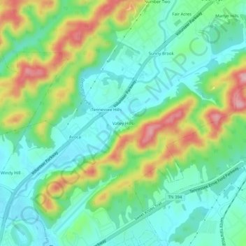 Mapa topográfico Valley Hills, altitud, relieve