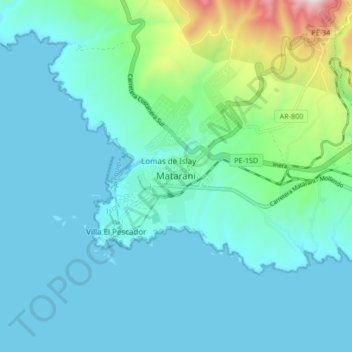 Mapa topográfico Matarani, altitud, relieve