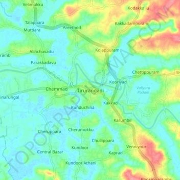 Mapa topográfico Tirurangadi, altitud, relieve