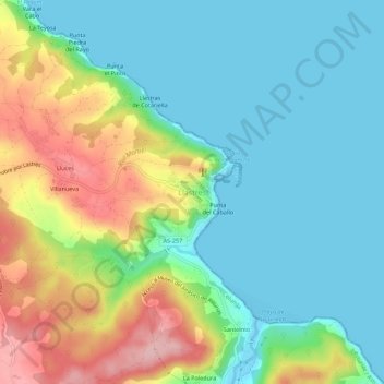 Mapa topográfico Lastres, altitud, relieve