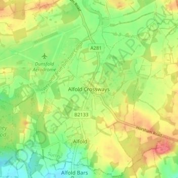 Mapa topográfico Alfold Crossways, altitud, relieve