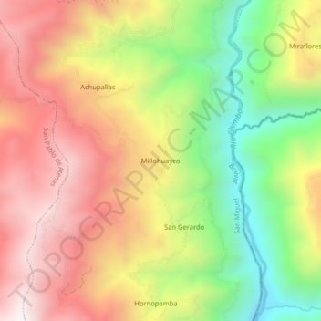 Mapa topográfico Millohuayco, altitud, relieve