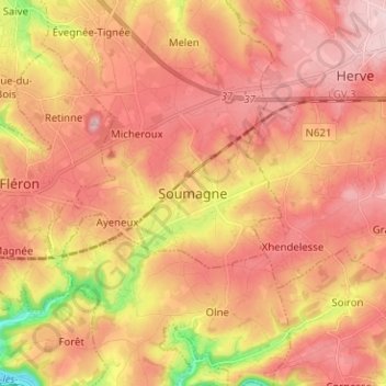 Mapa topográfico Soumagne, altitud, relieve