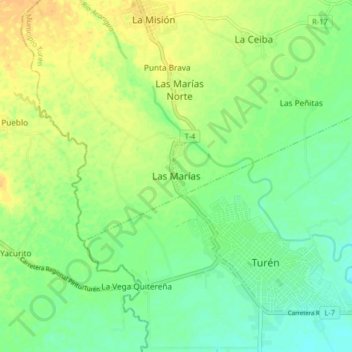 Mapa topográfico Las Marías, altitud, relieve