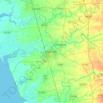 Mapa topográfico Navsari, altitud, relieve