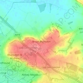 Mapa topográfico Broad Blunsdon, altitud, relieve