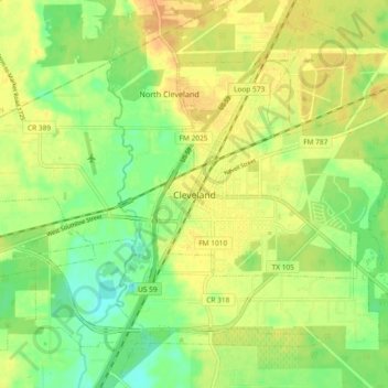 Mapa topográfico Cleveland, altitud, relieve