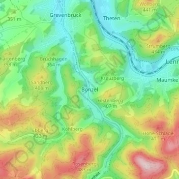 Mapa topográfico Bonzel, altitud, relieve