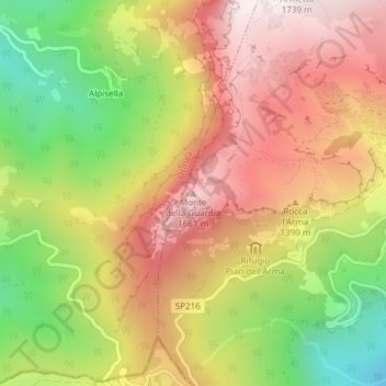 Mapa topográfico Monte della Guardia, altitud, relieve