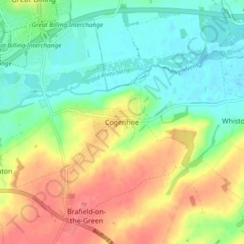 Mapa topográfico Cogenhoe, altitud, relieve
