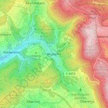 Mapa topográfico Wüstems, altitud, relieve