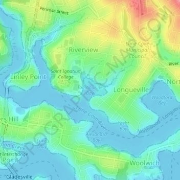 Mapa topográfico Tambourine Bay, altitud, relieve