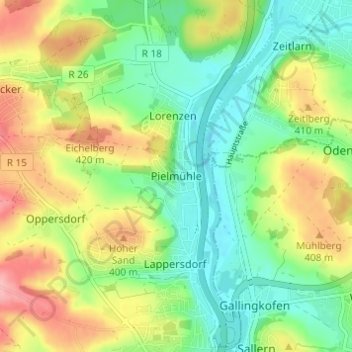 Mapa topográfico Pielmühle, altitud, relieve