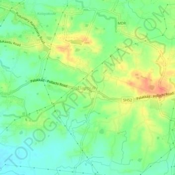 Mapa topográfico Elappully, altitud, relieve