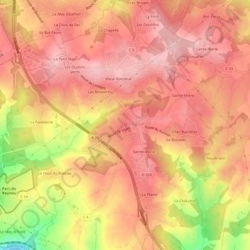 Mapa topográfico Le Crouzy, altitud, relieve