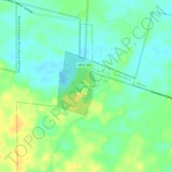 Mapa topográfico Uxmal, altitud, relieve