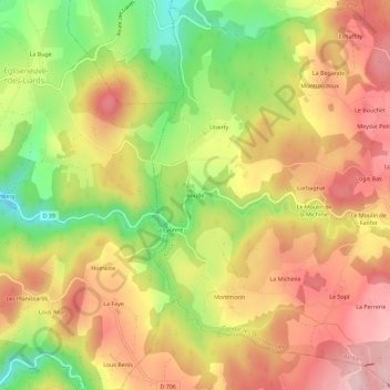 Mapa topográfico Boude, altitud, relieve