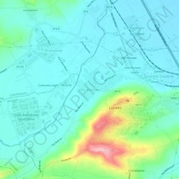Mapa topográfico Villa Musone, altitud, relieve