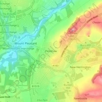 Mapa topográfico Penshaw, altitud, relieve