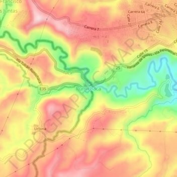 Mapa topográfico Frontera Puente de Rumichaca, altitud, relieve