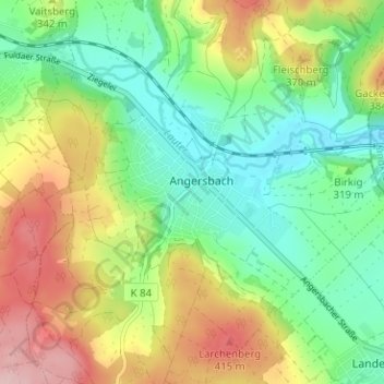Mapa topográfico Angersbach, altitud, relieve