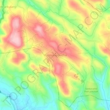 Mapa topográfico Malayalappuzha, altitud, relieve
