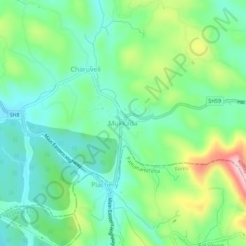 Mapa topográfico Mukkada, altitud, relieve