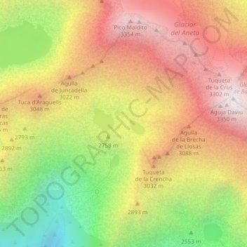 Mapa topográfico Ibones de Coronas, altitud, relieve