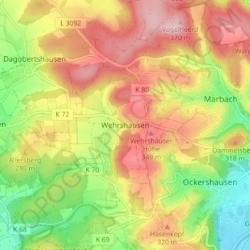 Mapa topográfico Wehrshausen, altitud, relieve