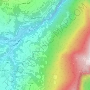 Mapa topográfico Comano, altitud, relieve