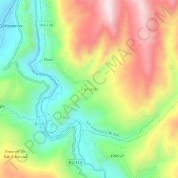Mapa topográfico Pariash, altitud, relieve
