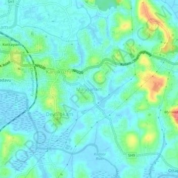 Mapa topográfico Manganam, altitud, relieve