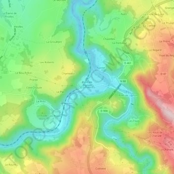 Mapa topográfico Confolent, altitud, relieve