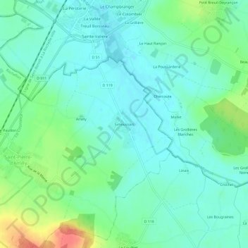 Mapa topográfico Simoussais, altitud, relieve