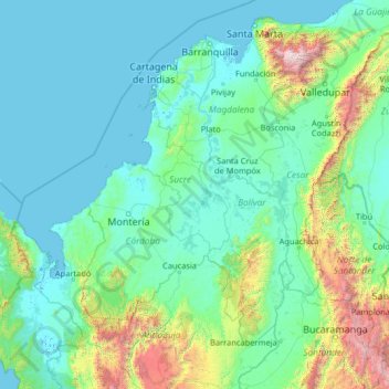 Mapa topográfico Sucre, altitud, relieve