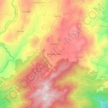 Mapa topográfico Antigo de Curros, altitud, relieve