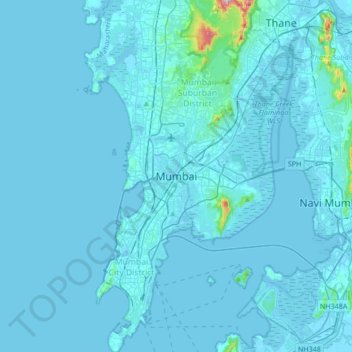 Mapa topográfico Mumbai, altitud, relieve