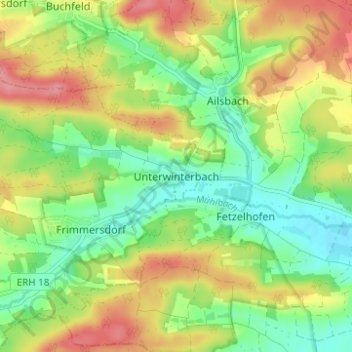 Mapa topográfico Unterwinterbach, altitud, relieve