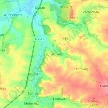 Mapa topográfico Zunschwitz, altitud, relieve