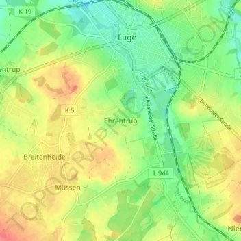 Mapa topográfico Ehrentrup, altitud, relieve