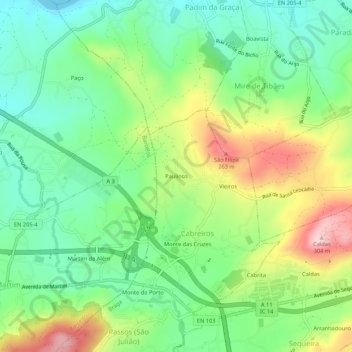 Mapa topográfico Paulinos, altitud, relieve