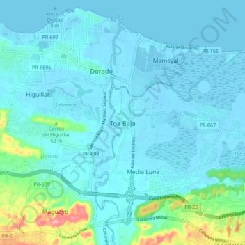 Mapa topográfico Toa Baja, altitud, relieve