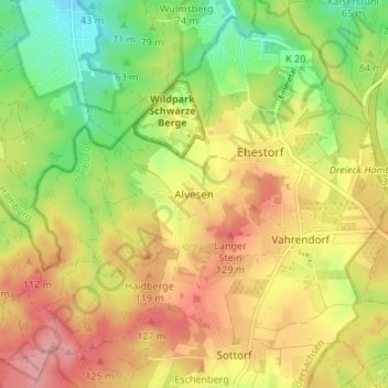 Mapa topográfico Alvesen, altitud, relieve