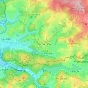Mapa topográfico Bürhausen, altitud, relieve
