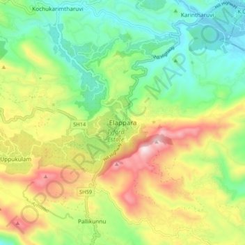 Mapa topográfico Elappara, altitud, relieve