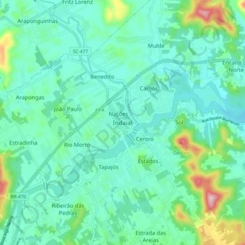 Mapa topográfico Indaial, altitud, relieve
