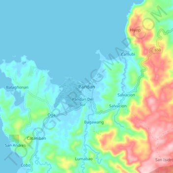 Mapa topográfico Pandan, altitud, relieve