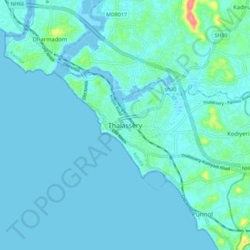 Mapa topográfico Thalassery, altitud, relieve