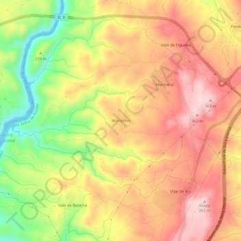 Mapa topográfico Montinho, altitud, relieve